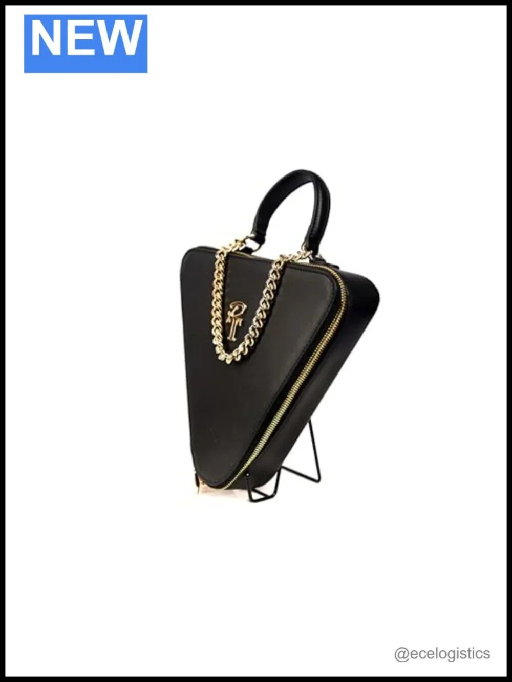 Pink Triangle Modern Vegan Leather Clutch Evening Bag with Gold Chain